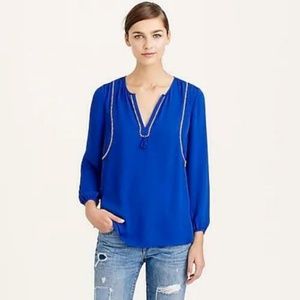 J Crew Tassel Trim Top V Neck Blue L/S  Blouse